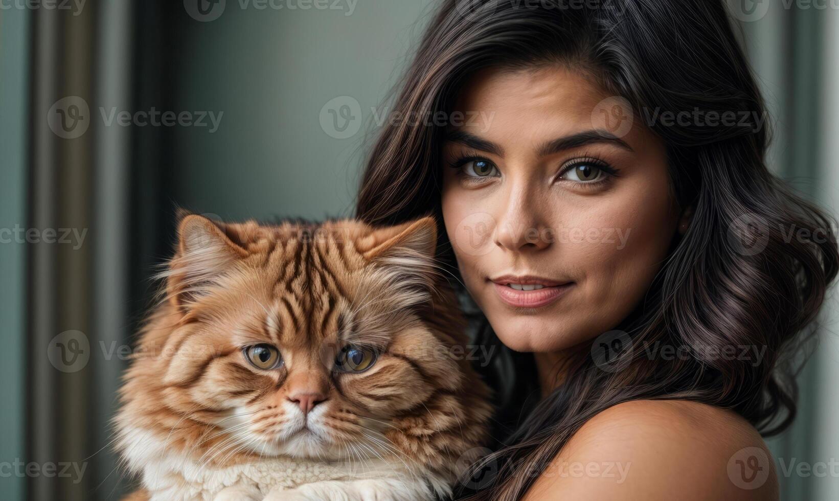 AI generated A woman is holding a cat with a long, fluffy tail photo