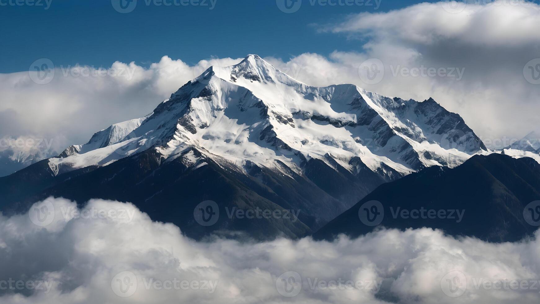 AI generated a mountain range with snow capped peaks and clouds photo