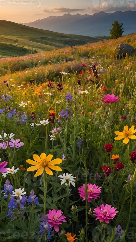 AI generated Wildflower Wonderland  Meadow Bursting with Colorful Blooms photo