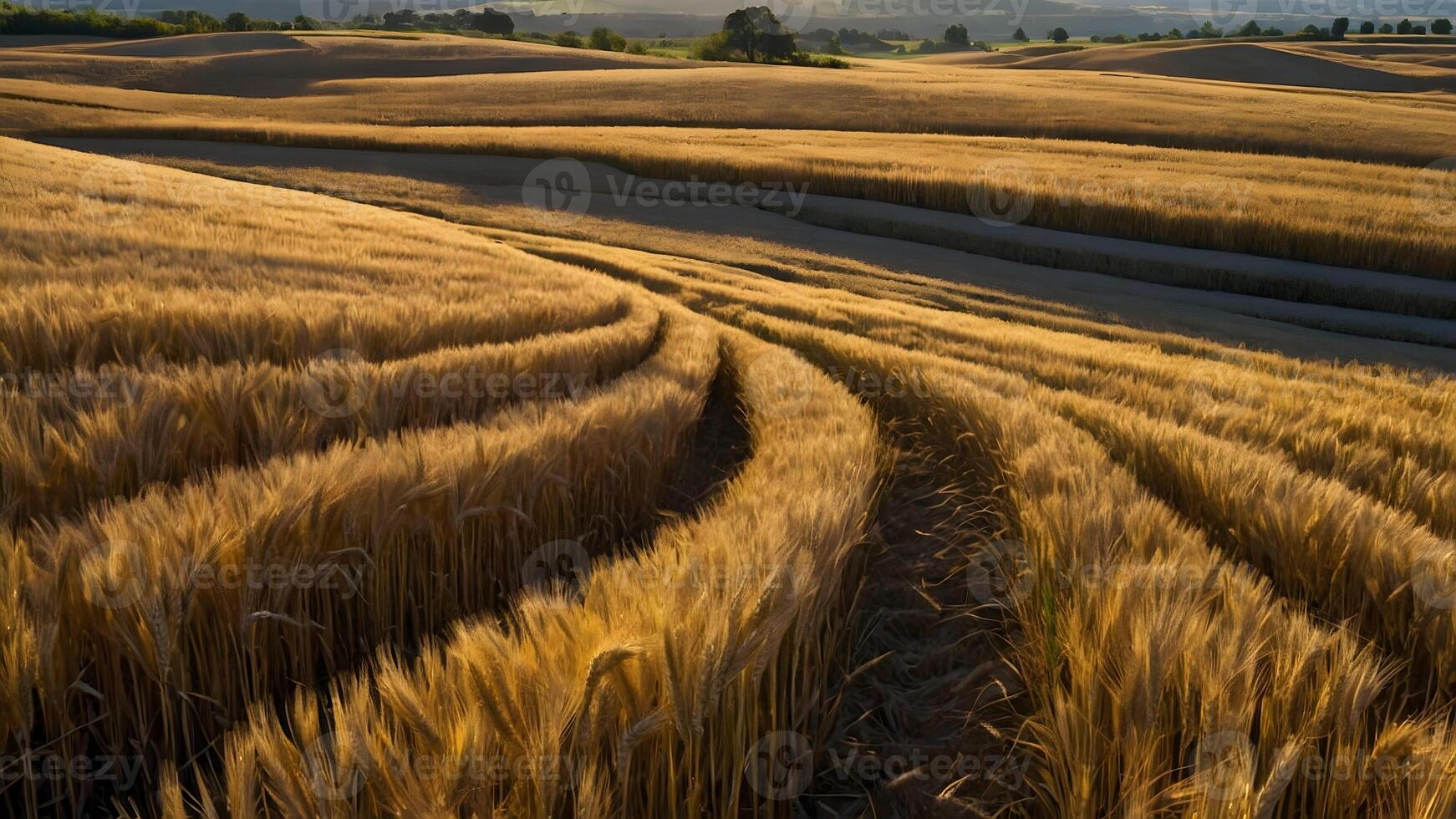 AI generated Golden Fields  Rippling Wheat Fields Underneath Azure Sky photo