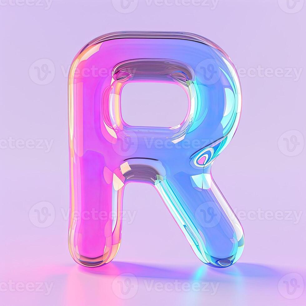 AI generated Letter R, transparent glass effect. Alphabetic pink neon font. AI generated. Glossy typographic sign with plastic purple reflection photo