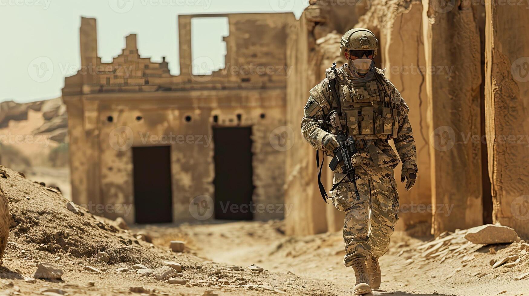 AI generated Soldier in modern warfare. Special forces troops with machine guns and rifles. Military Special Operation AI Generated photo