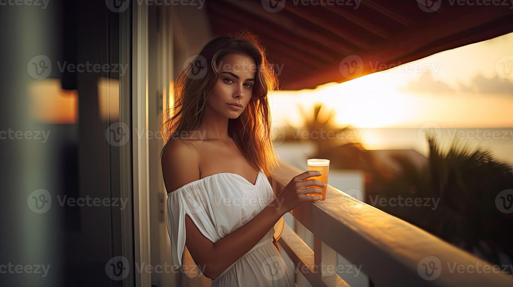 AI generated Beautiful girl on balcony with cocktail on background of tropical ocean resort. Pretty woman in summer dress is relaxing at hotel. Evening sunset or dawn. AI generated photo