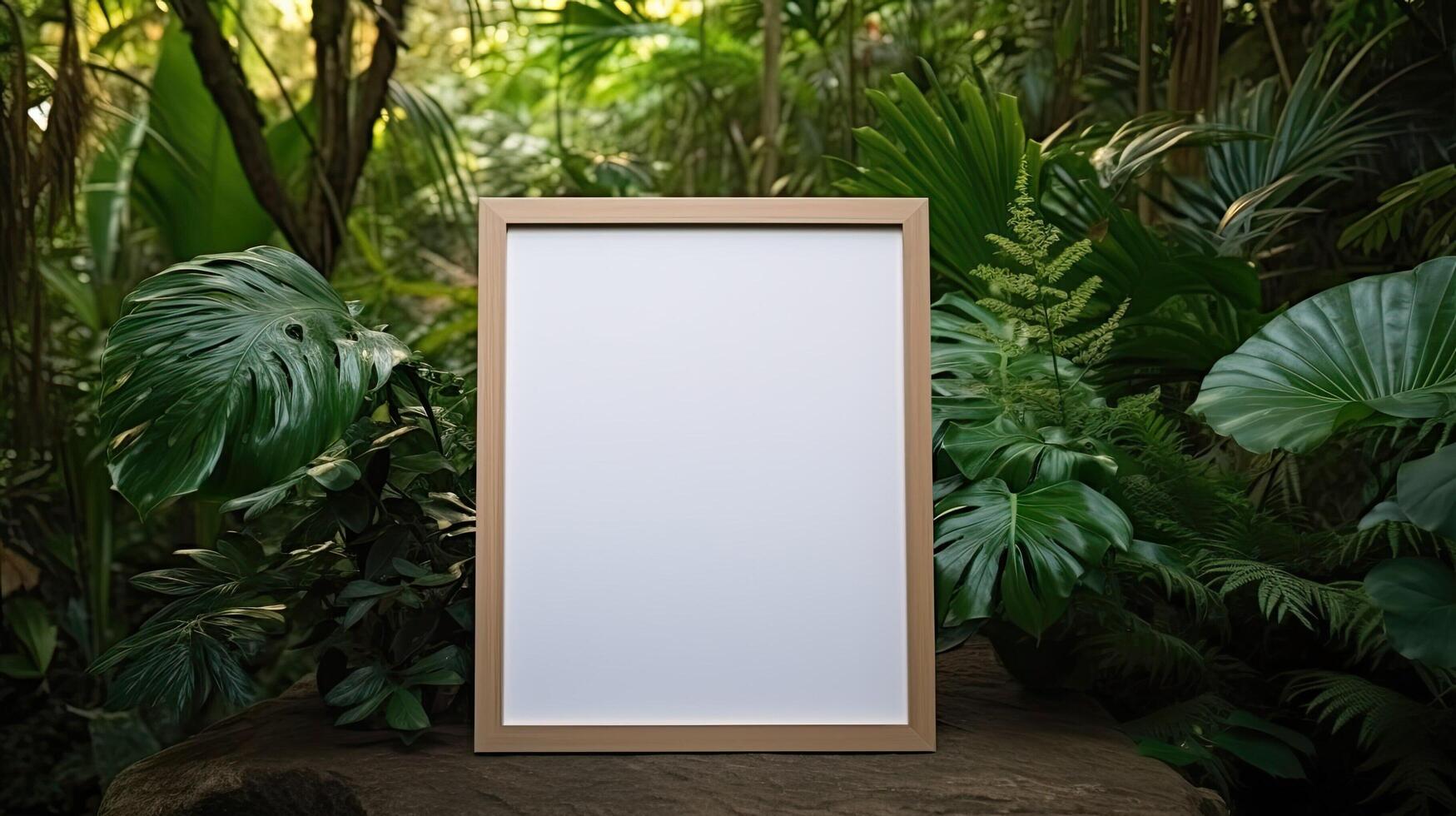 AI generated Empty photo frame on background of tropical leaves. Natural landscape with foliage with copy space for business template. Blank mockup. AI generated