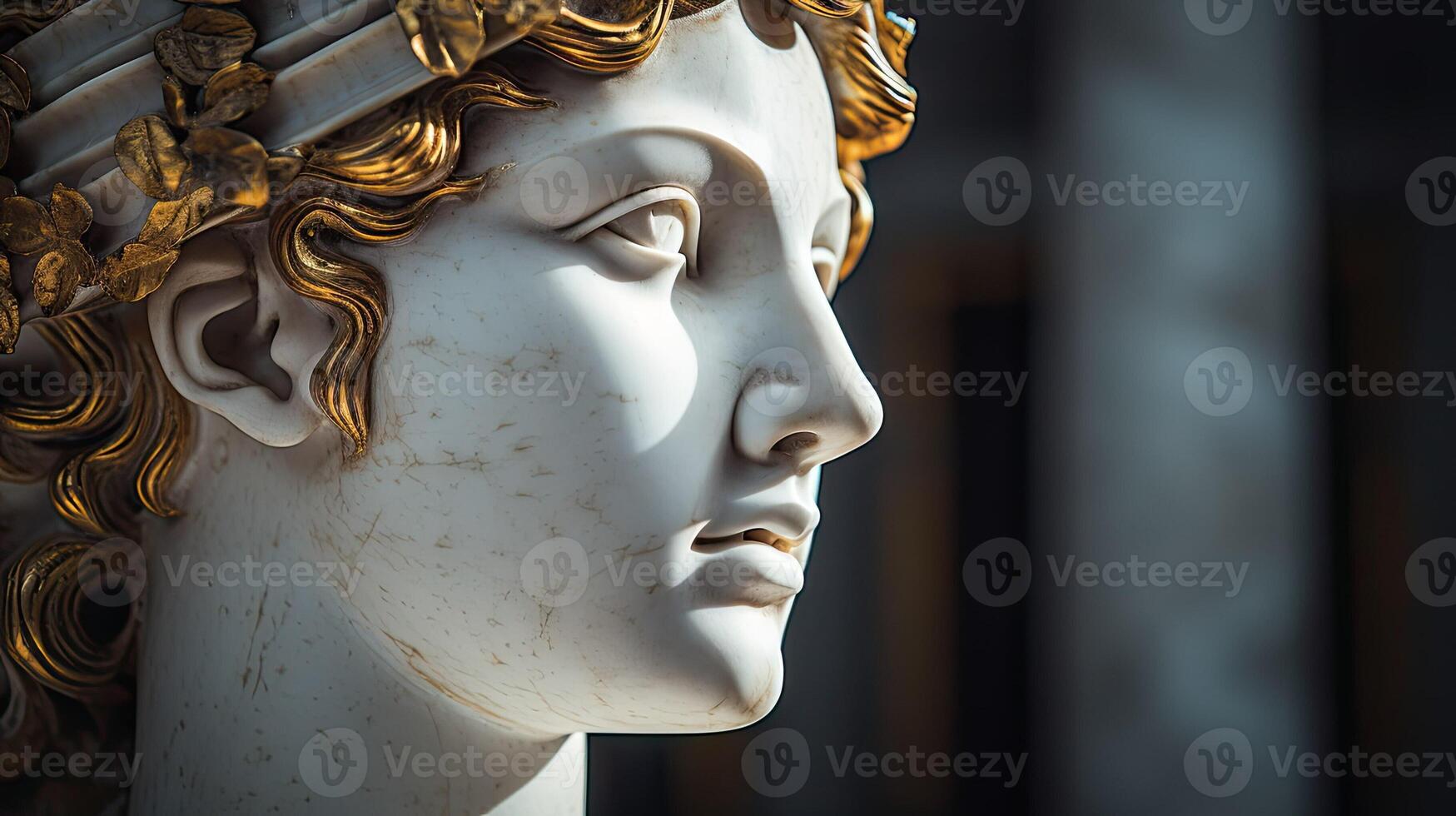 AI generated Antique statue in close-up. An old Greek or Roman monument with gold paint on its face. Concept of grandeur, elegance and art. AI generated photo