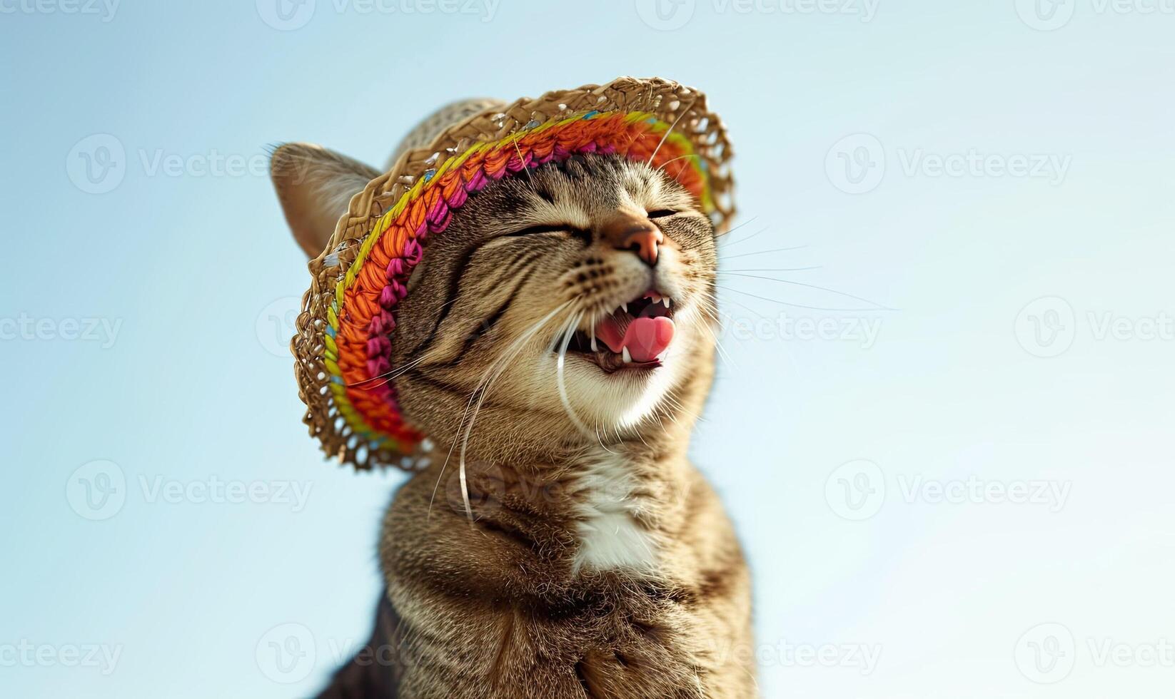 AI generated Happy cat in fun party hat. Festive birthday banner on clean background. AI Generated. Domestic kitten with copy space backdrop. Beautiful animal in cap for poster photo