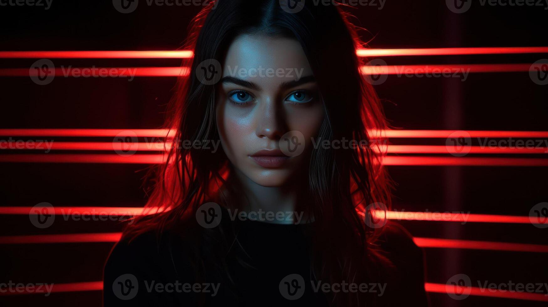 AI generated Woman in red neon background. Futuristic light glow and caucasian girl model. Modern nightclub party, aesthetic cyber concept with laser. AI generated photo