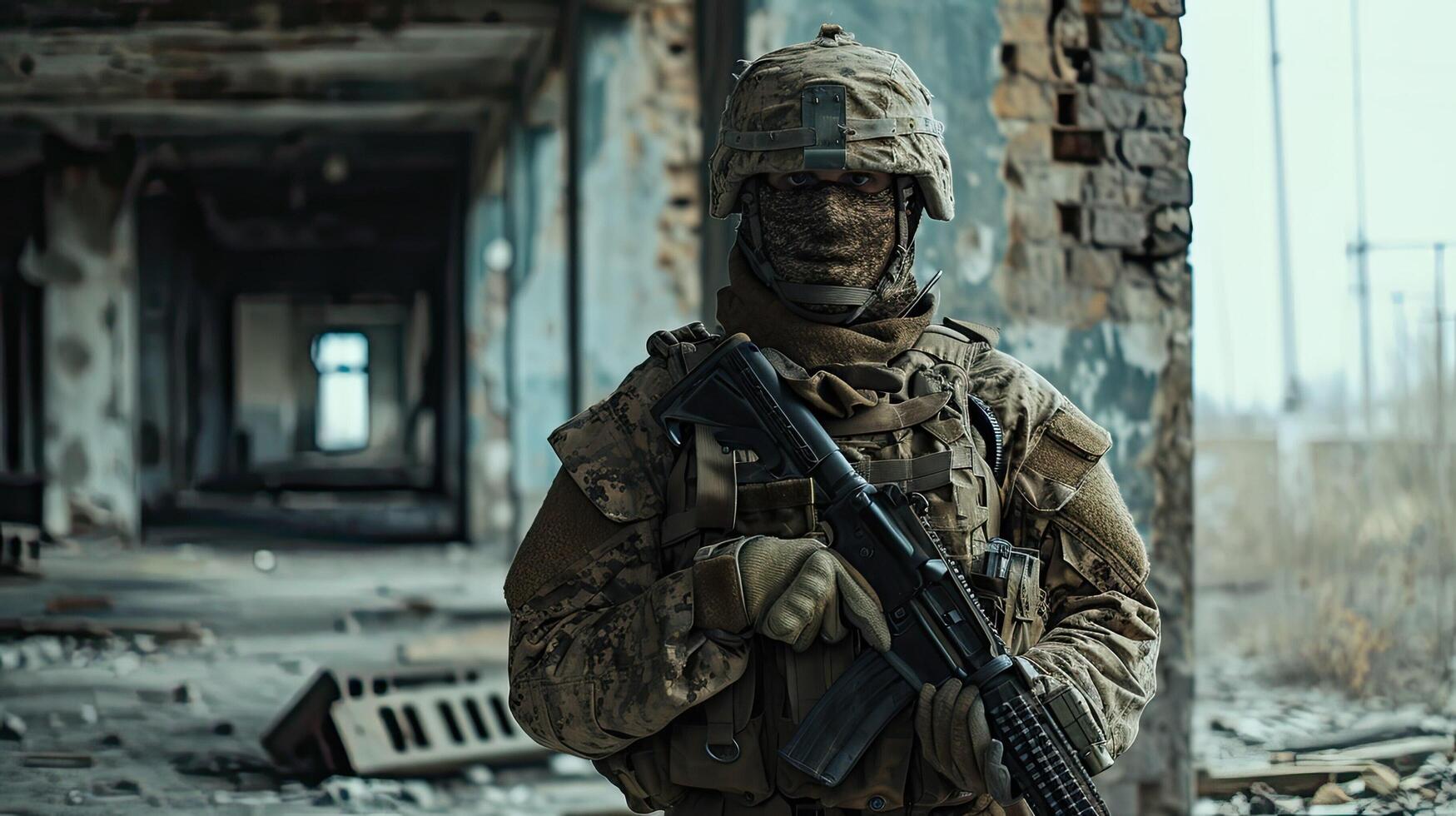 AI generated Soldier in modern warfare. Special forces troops with machine guns and rifles. Military Special Operation AI Generated photo