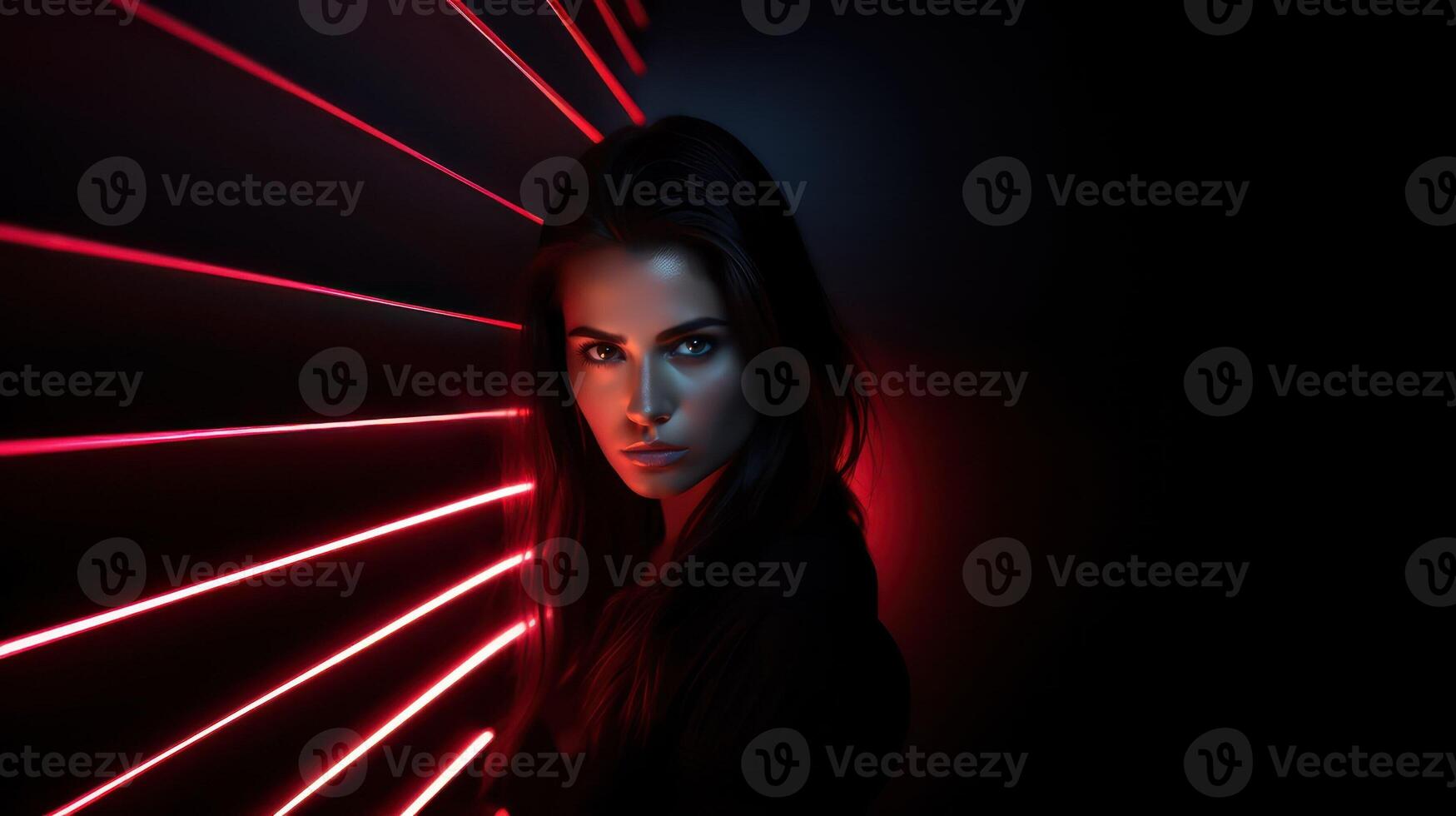 ai generado mujer en rojo neón antecedentes. moderno Club nocturno fiesta, estético concepto. ai generado. futurista ligero resplandor y caucásico niña modelo, bonito morena persona foto