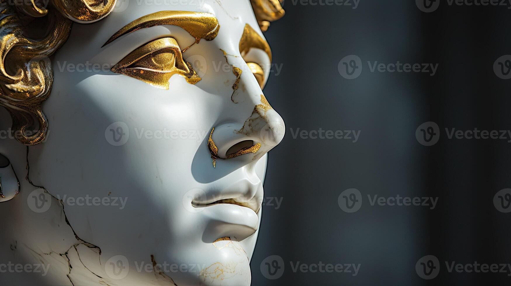 AI generated Antique statue in close-up. Concept of grandeur, elegance and art. AI generated. An old Greek or Roman monument with gold paint on its face, museum archeology god photo