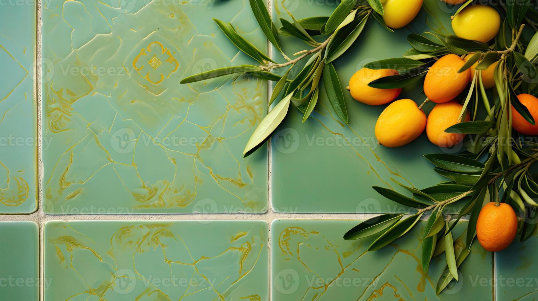 AI generated Olive branch on background of green ceramic tiles. Empty copy of space and template. AI Generated photo
