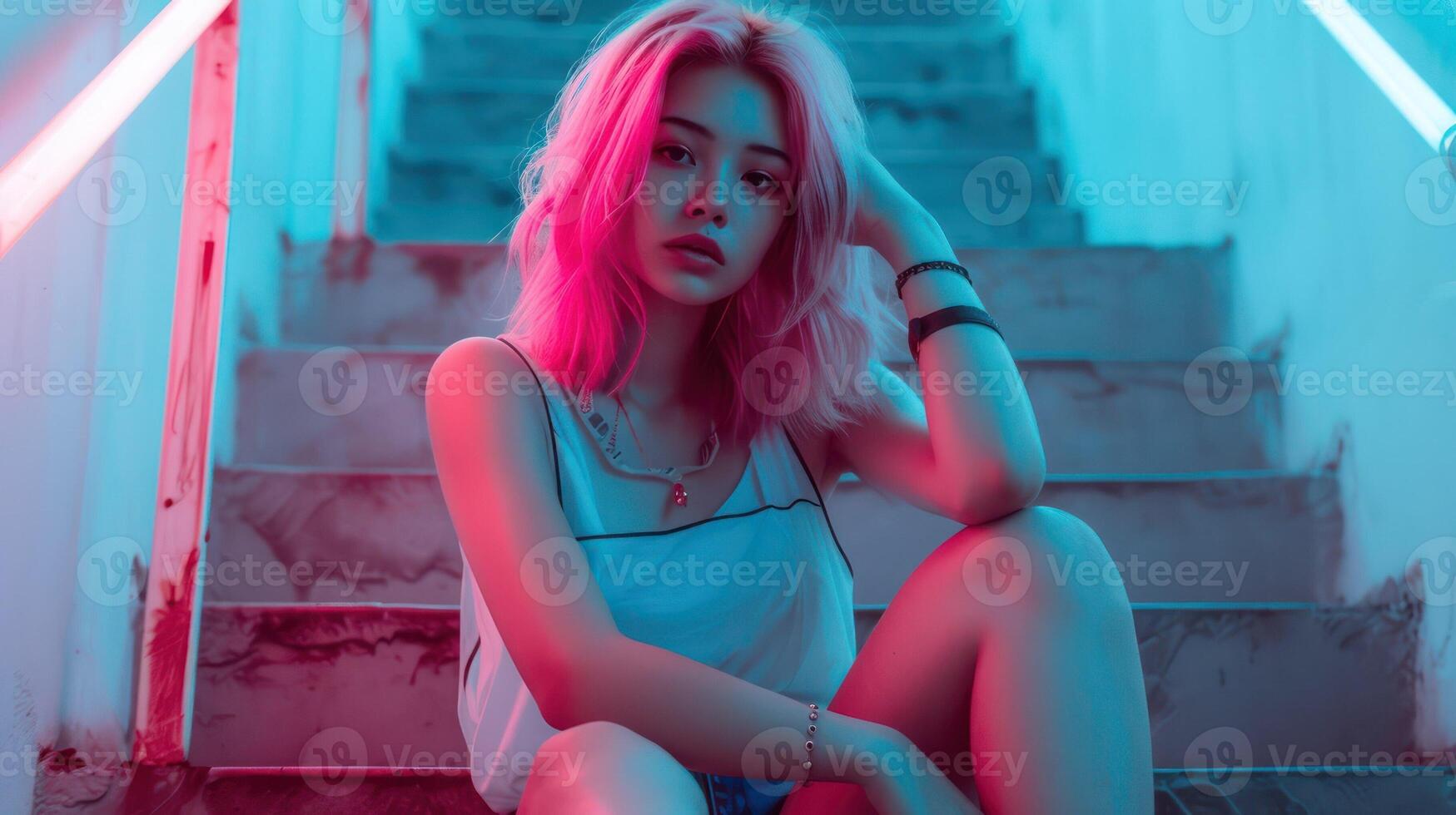 AI generated Asian woman sitting at stairs, trendy neon urban background. Glamour fashion lady, attractive beautiful portrait of girl. AI generated photo