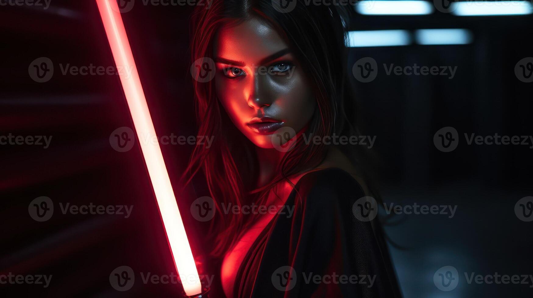 AI generated Woman in red neon background. Futuristic light glow and caucasian girl model. photo