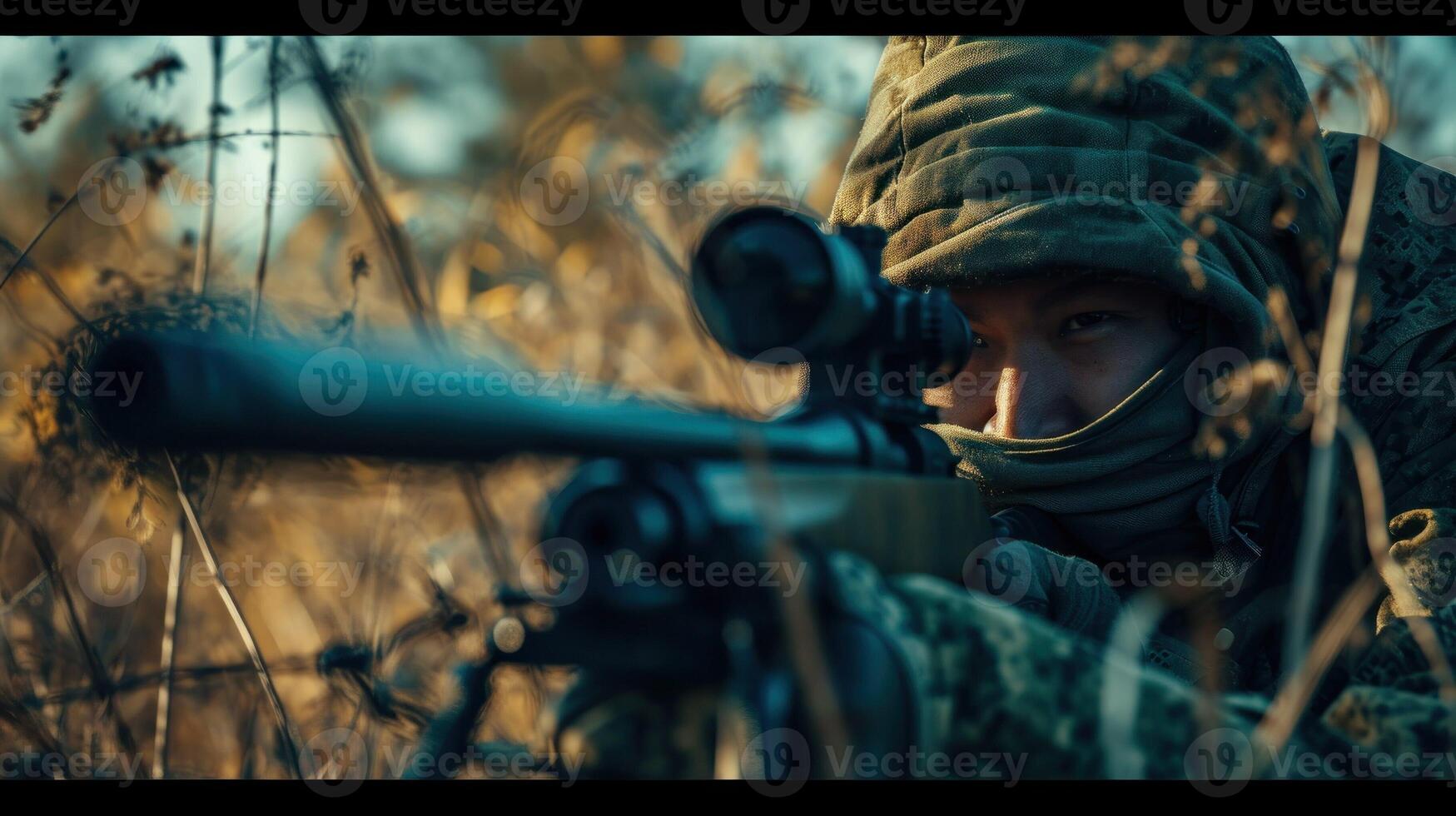 ai generado francotirador en emboscada. retrato de moderno soldado con rifle mirando mediante alcance. ai generado foto