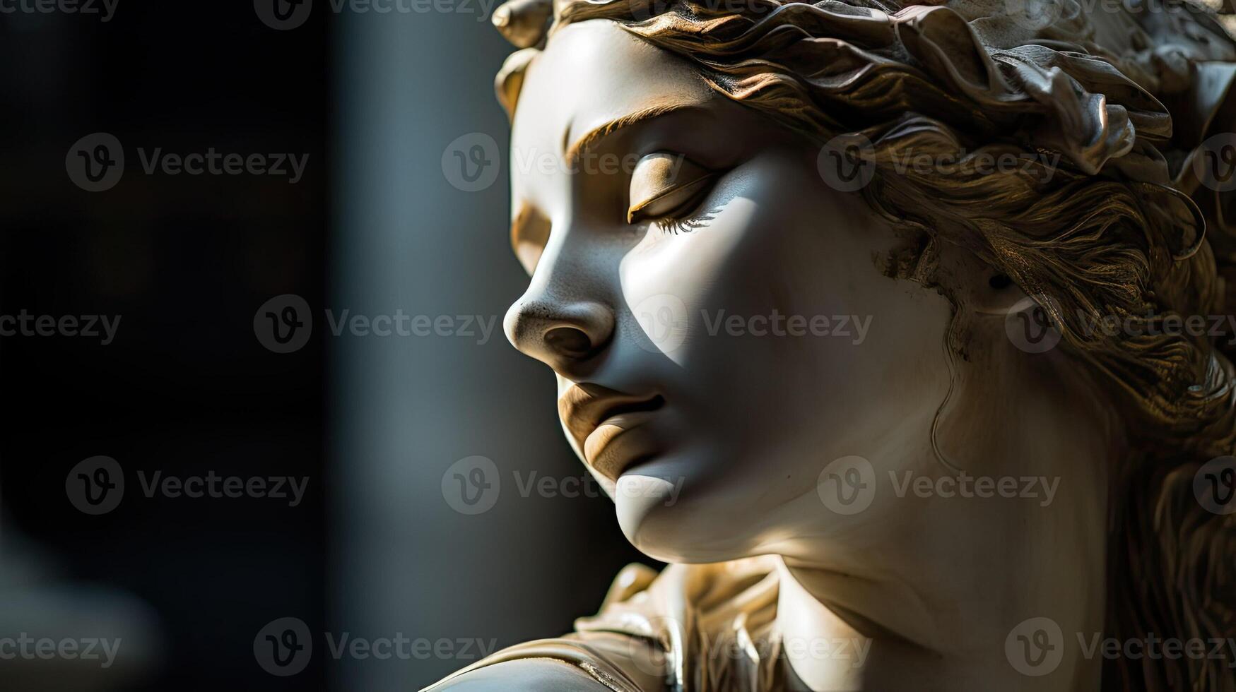 AI generated Antique statue in close-up. An old Greek or Roman monument with gold paint on its face. Concept of grandeur, elegance and art. AI generated photo