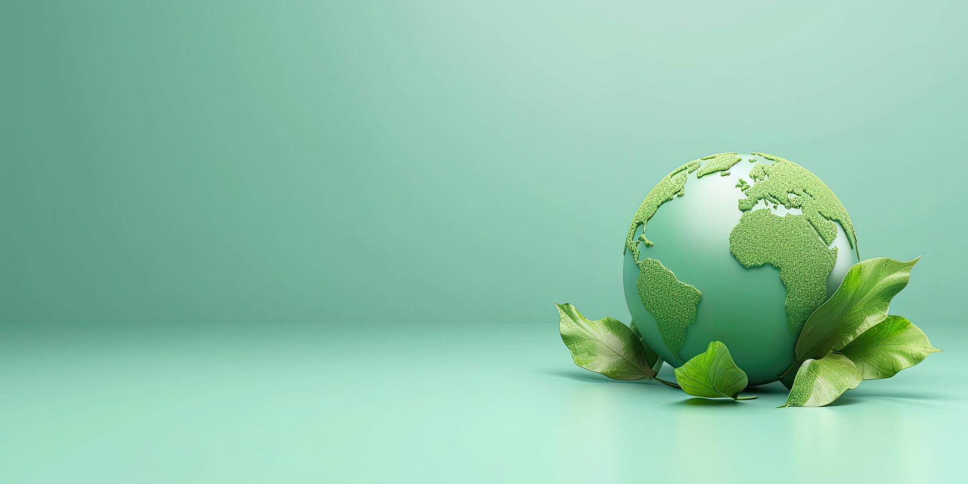 AI generated Green eco globe on banner. World planet on natural background. AI Generated. photo