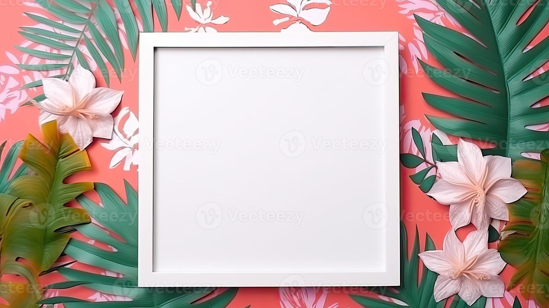 AI generated Empty photo frame on background of tropical leaves. Natural landscape with foliage with copy space for business template. Blank mockup on pink backdrop. AI generated