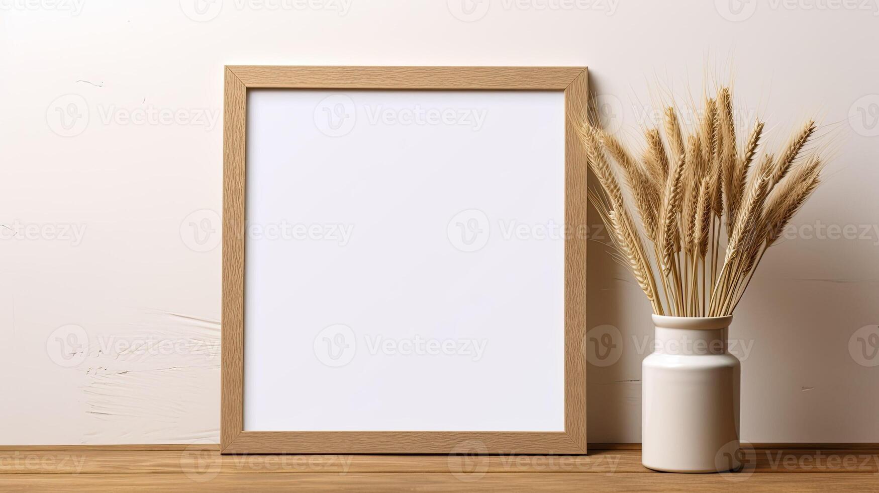 AI generated Empty photo frame on boho background with flowers. A mockup in a rustic style. Natural Business template with dry plants. AI generated beige minimal neutral mock-up