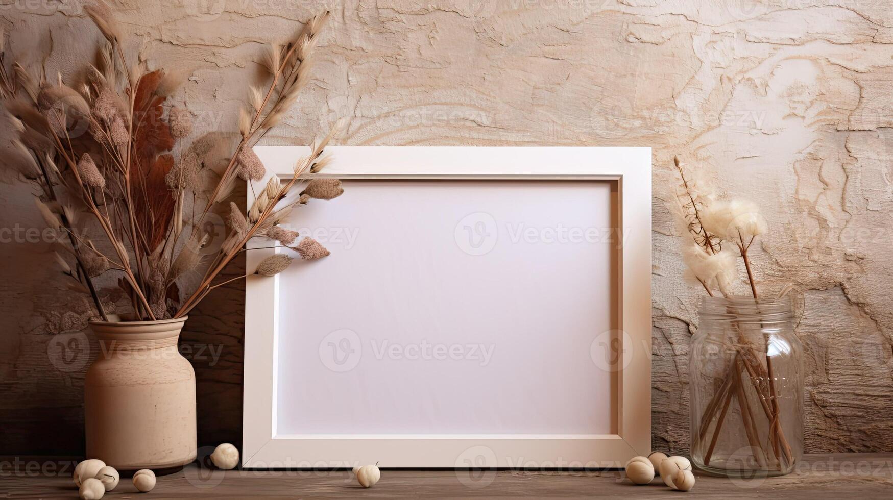 AI generated Empty photo frame on boho background with flowers on table. A mockup in a rustic style. Natural Business scandinavian template with dry plants. AI generated