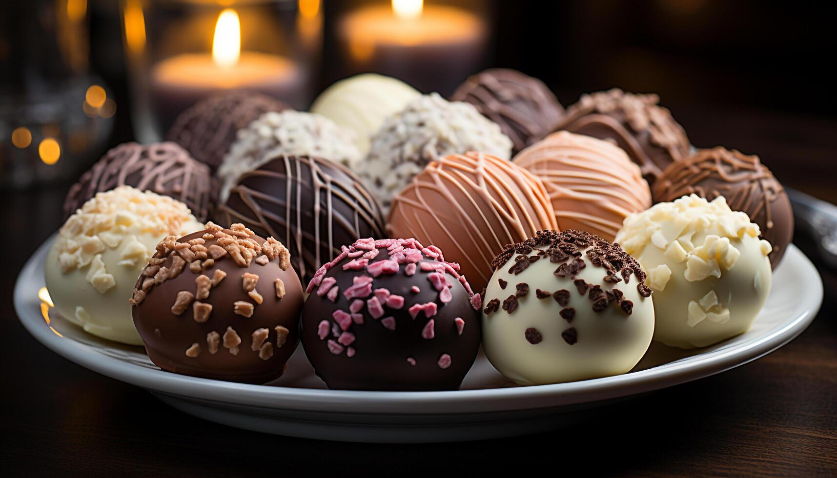 AI generated Gourmet chocolate truffle, sweet indulgence, small plate of dark sweetness generated by AI photo