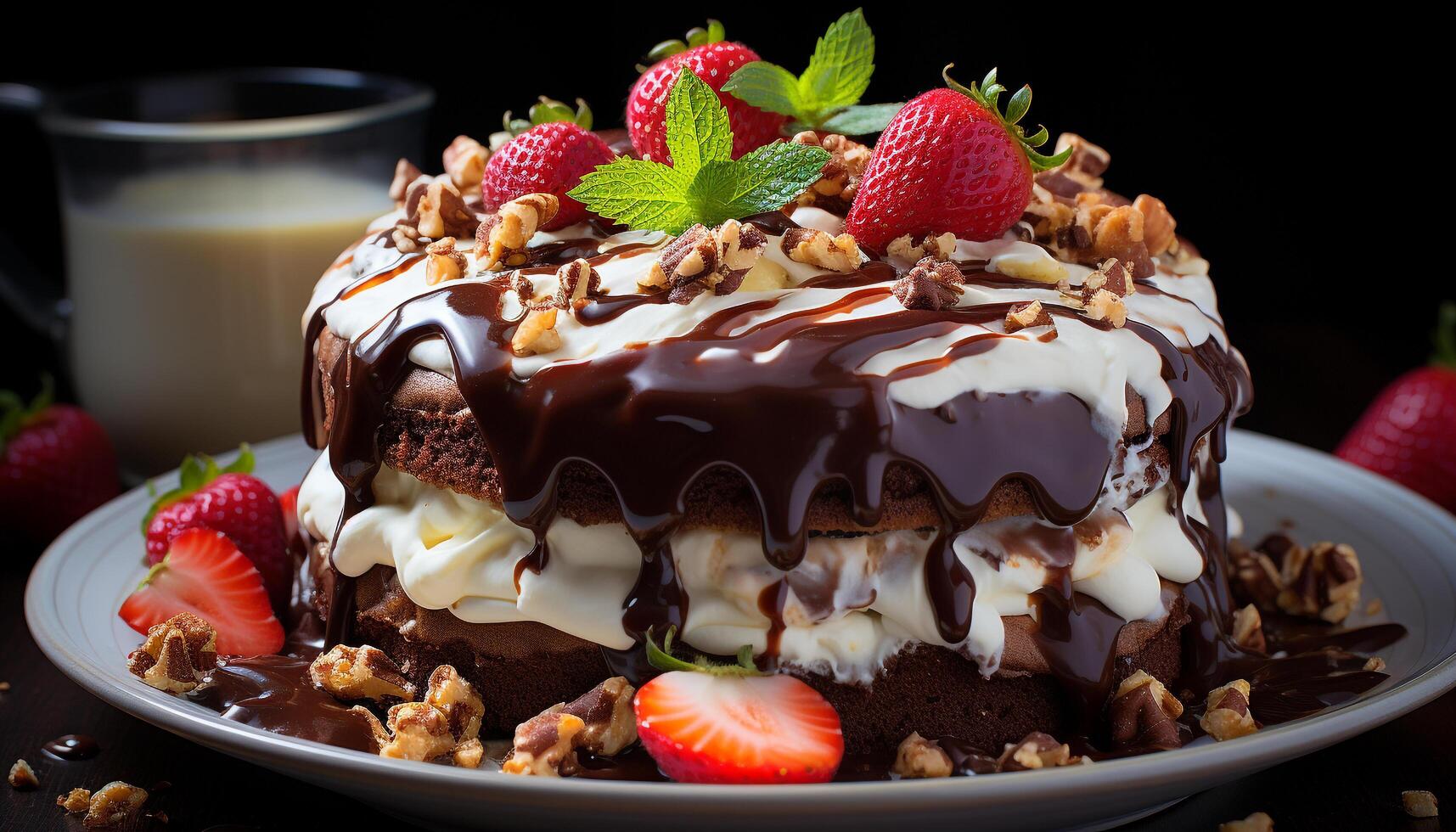 AI generated A plate of gourmet chocolate dessert with fresh strawberry and cream generated by AI photo
