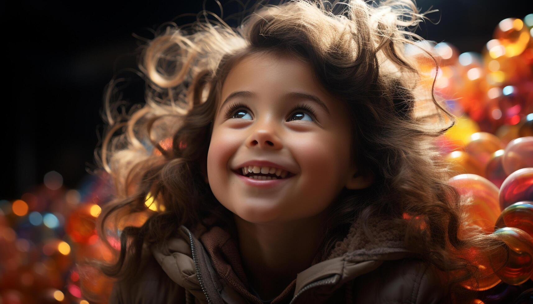 AI generated Smiling, cheerful girl enjoys winter night, surrounded by Christmas lights generated by AI photo
