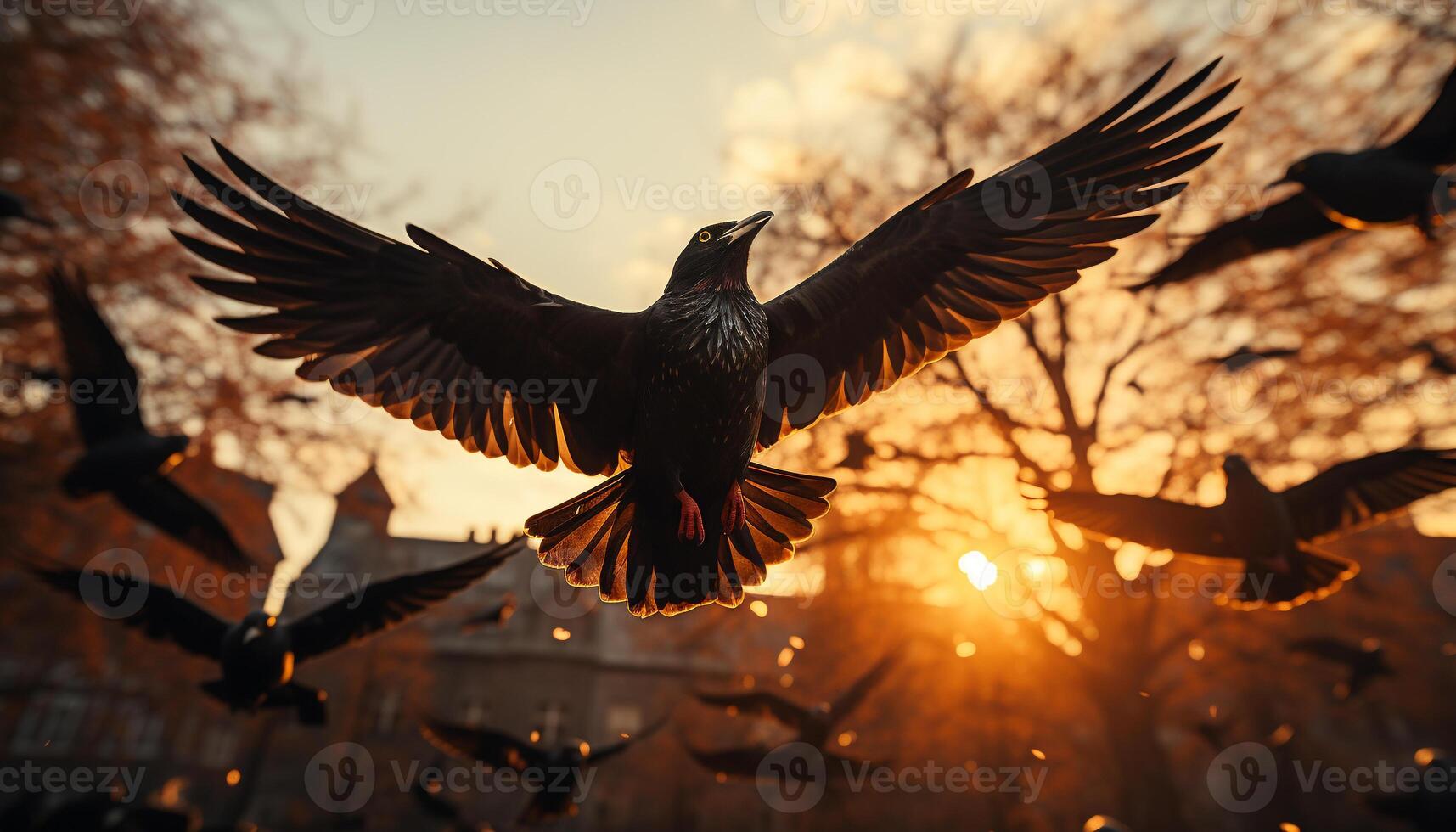 AI generated Silhouette of bird in flight, backlit by sunset golden sunlight generated by AI photo