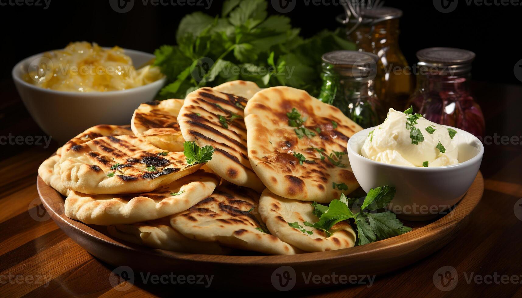 AI generated Freshness and flavor on a wooden plate, a gourmet homemade meal generated by AI photo