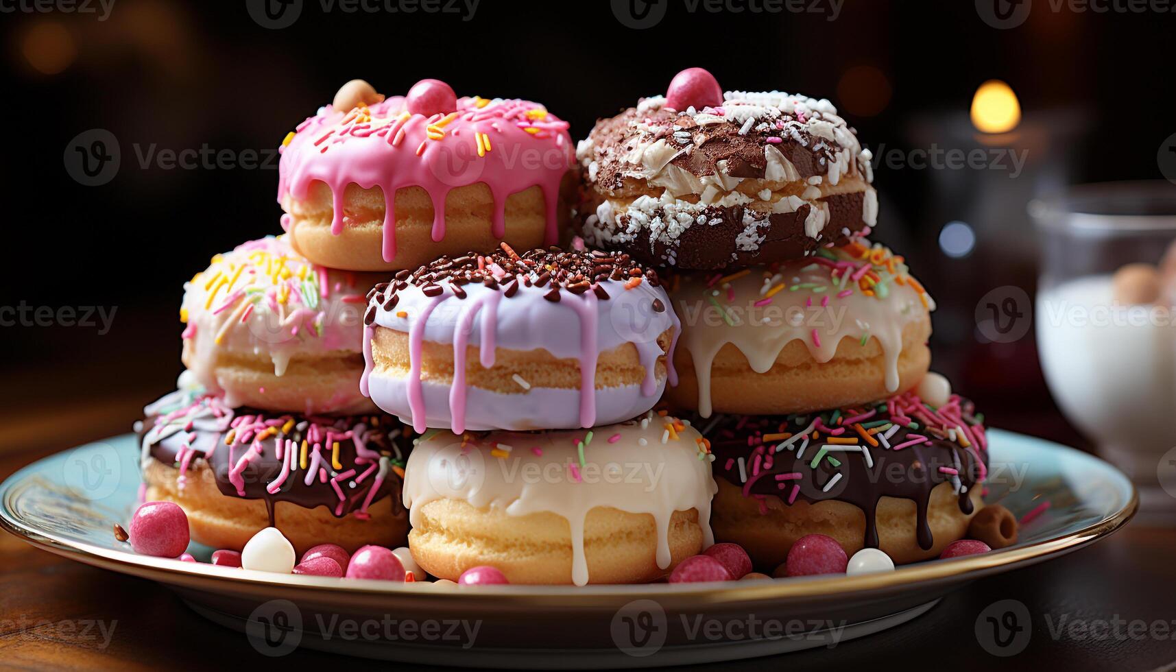 AI generated Sweet food, chocolate donut, icing, snack, sugar, candy, plate, pink color, celebration generated by AI photo