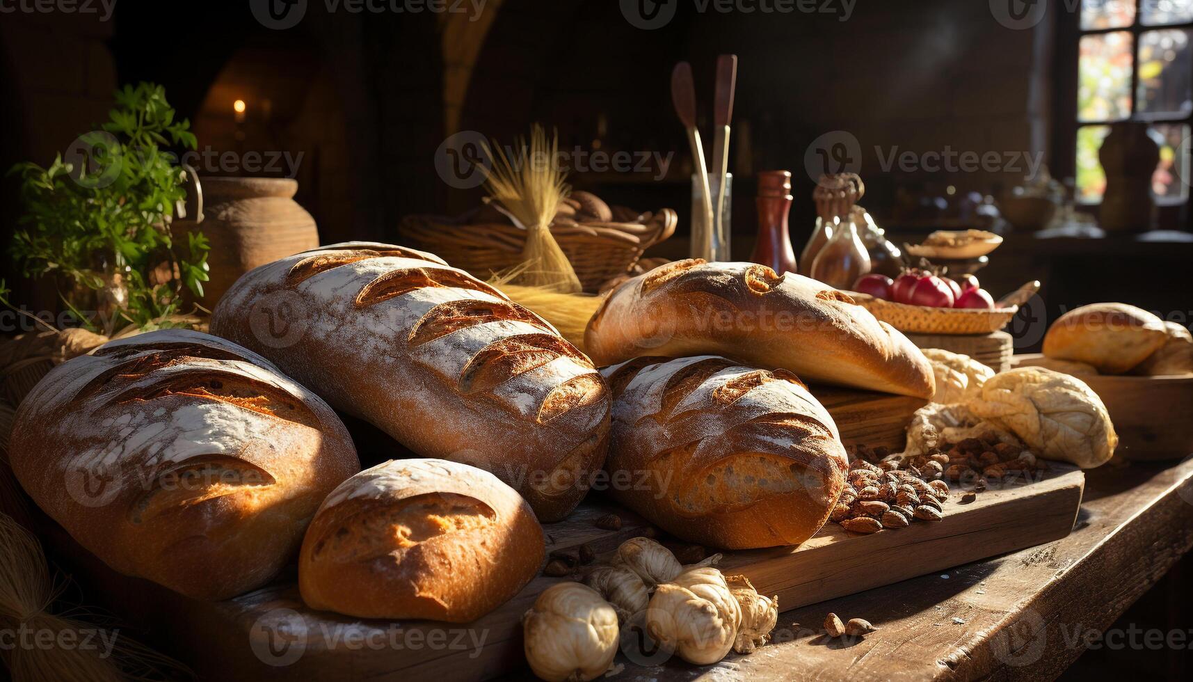 AI generated Freshly baked baguette on a rustic wooden table, a wholesome meal generated by AI photo