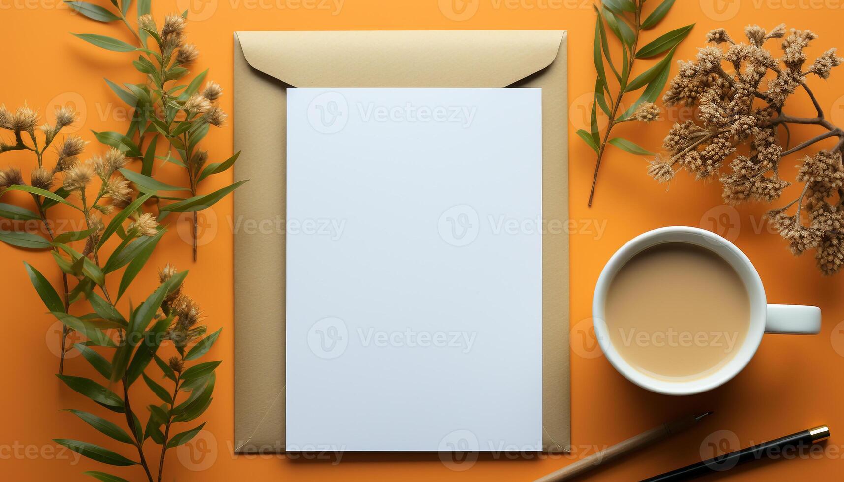 ai generado blanco papel en de madera mesa con flor y libro generado por ai foto