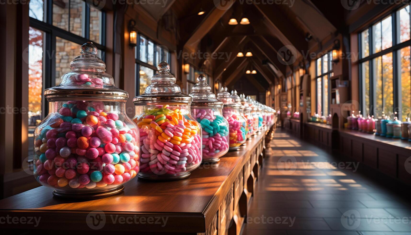 ai generado un vibrante colección de dulce comida y caramelo en un mesa generado por ai foto