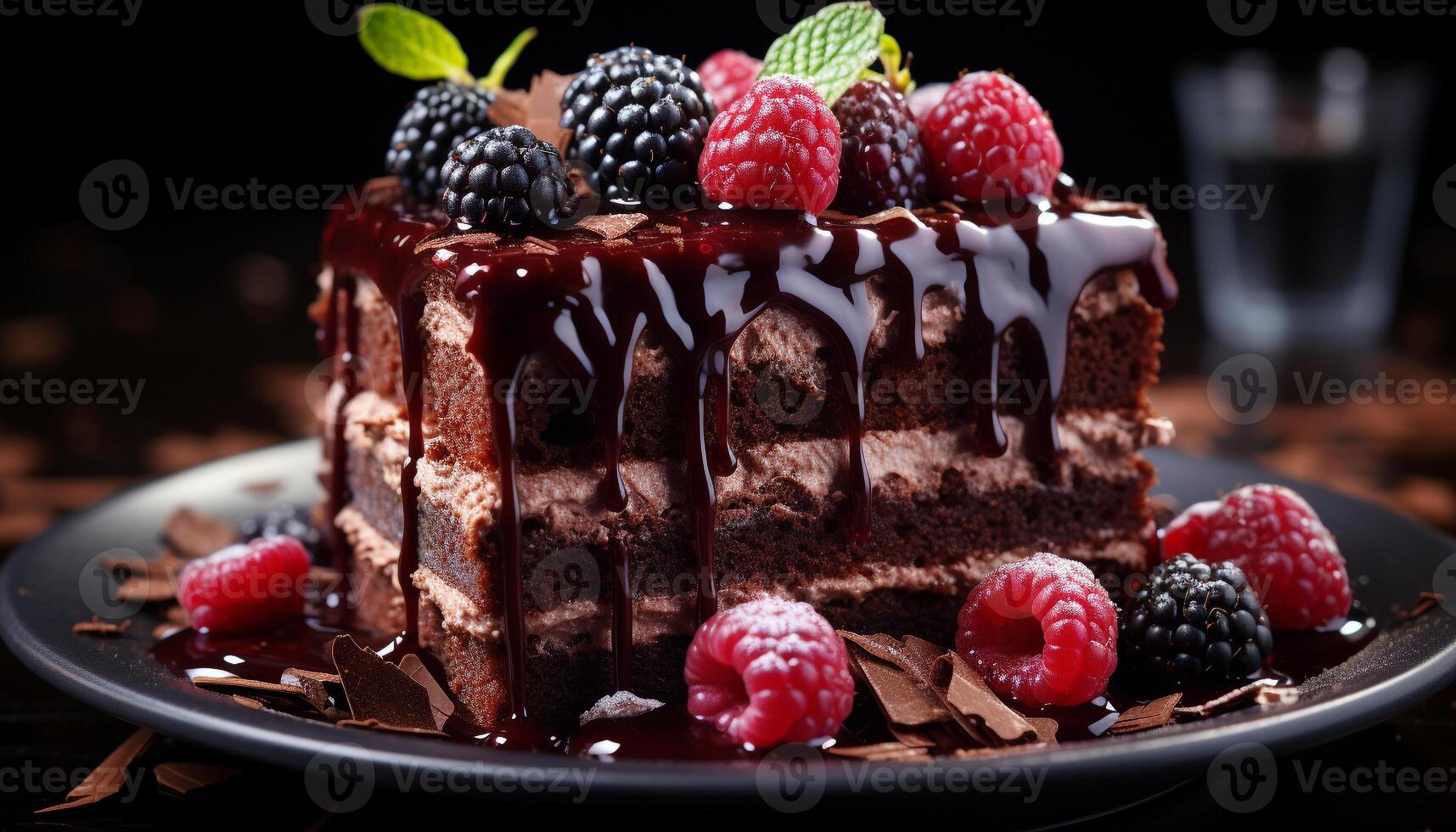 AI generated A decadent slice of chocolate cake with fresh raspberry indulgence generated by AI photo