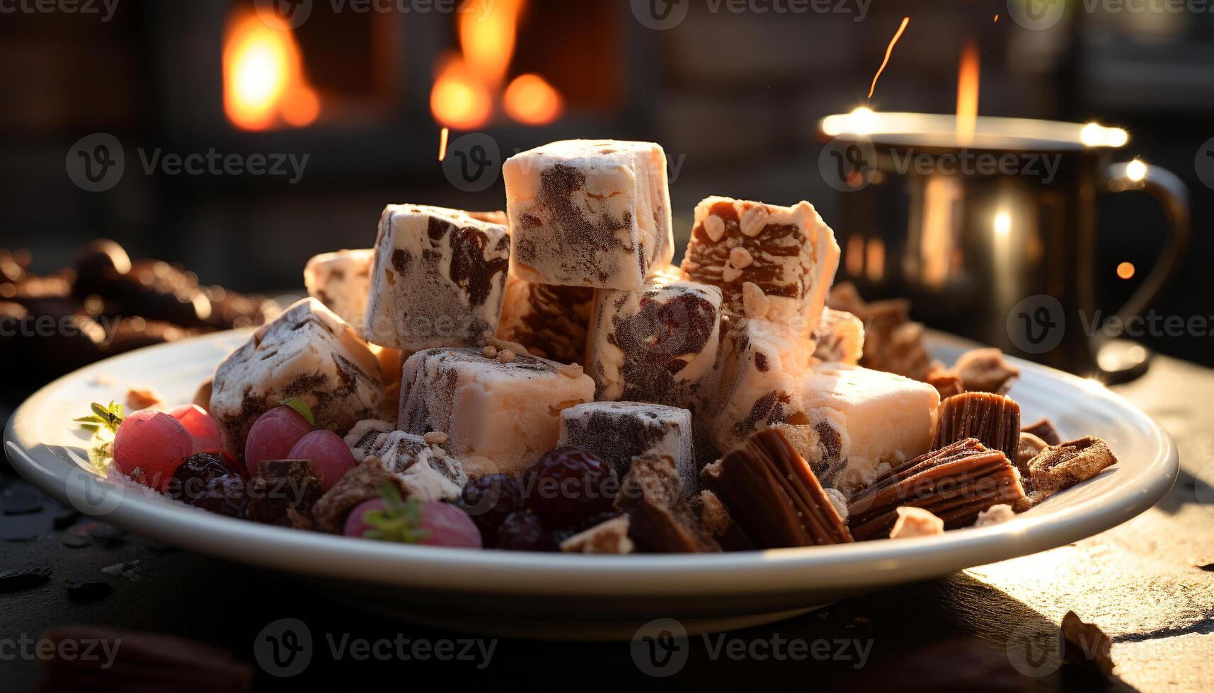 ai generado indulgencia en un plato gastrónomo postre, chocolate, dulce, y frescura generado por ai foto