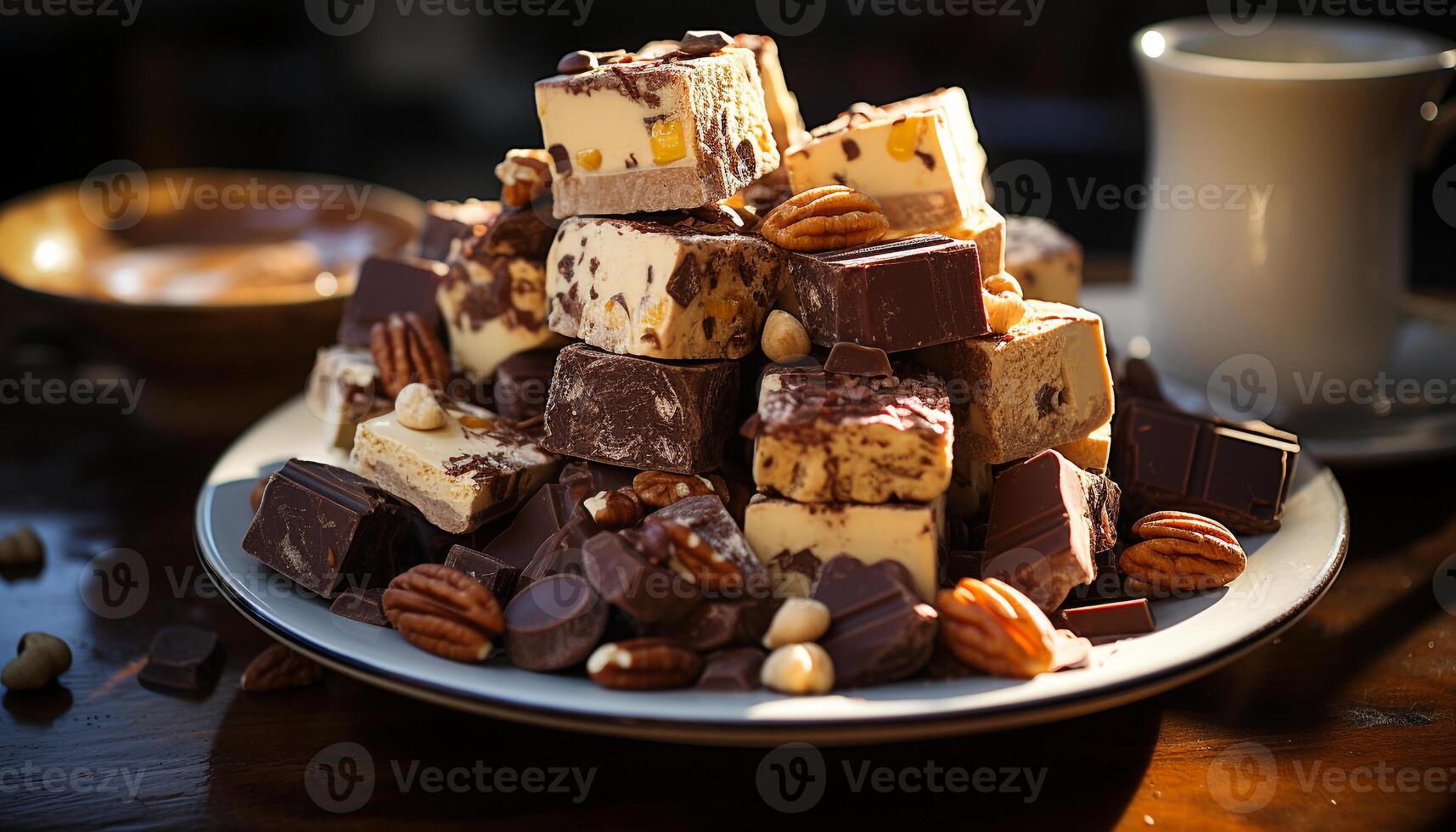 ai generado indulgencia en un plato gastrónomo postre, oscuro chocolate, hecho en casa Dulce de azúcar generado por ai foto