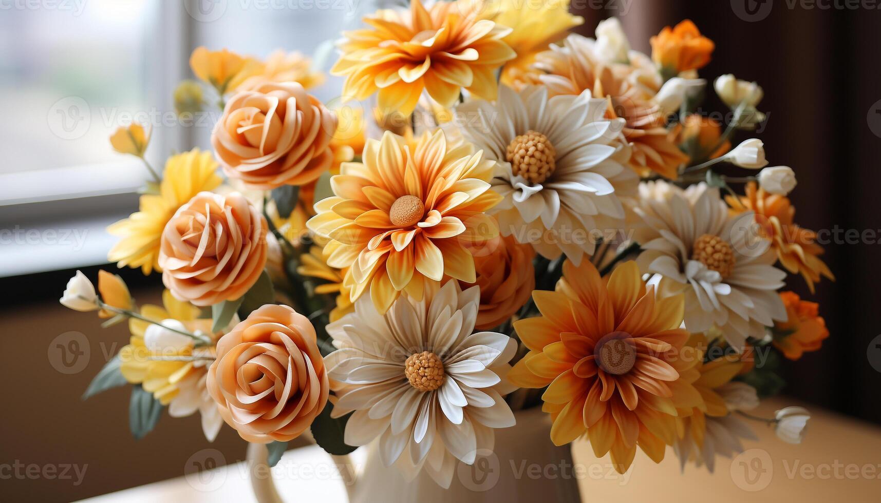 AI generated Freshness and beauty in nature vibrant flower bouquet on table generated by AI photo