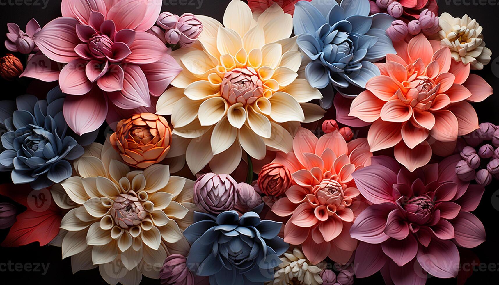 ai generado resumen floral diseño con multi de colores pétalos en un Fresco ramo de flores generado por ai foto