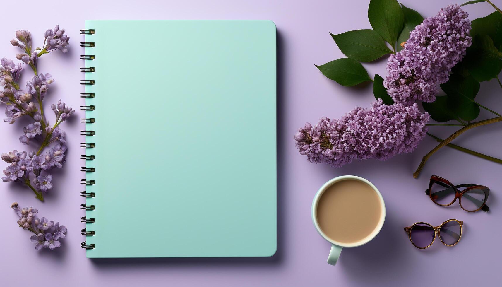AI generated Purple flower on wooden table with book and blank note pad generated by AI photo