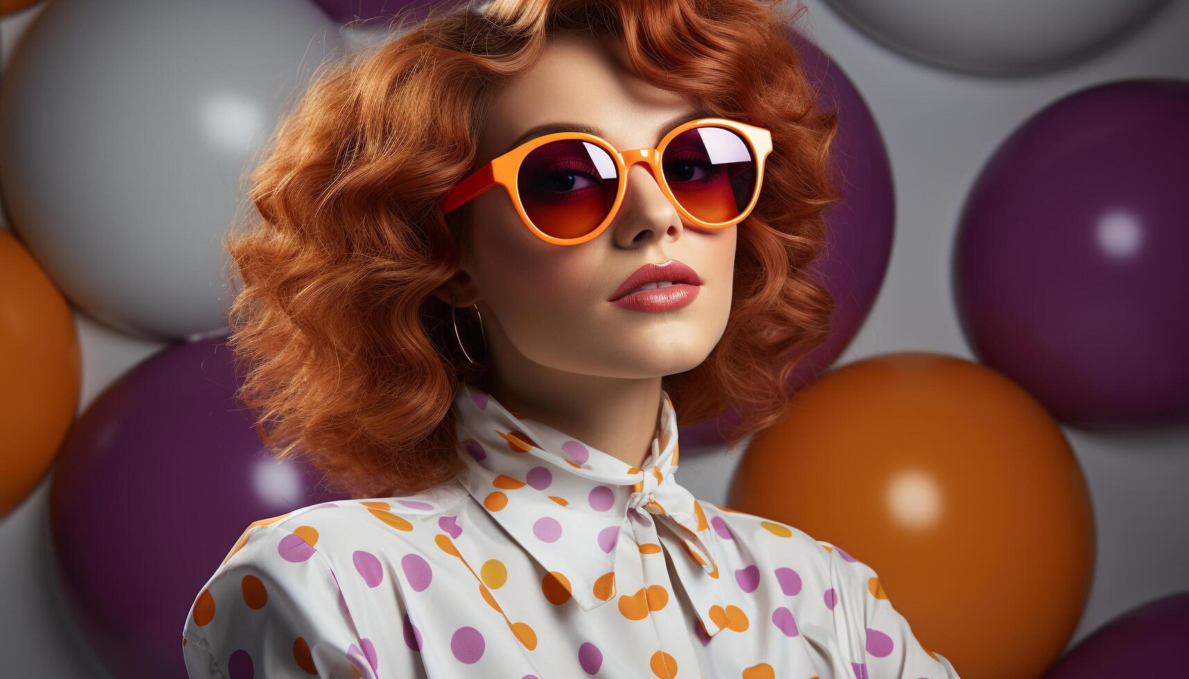 AI generated Young adult woman with curly hair wearing sunglasses and a cute dress, looking at the camera with joy at a summer party generated by AI photo