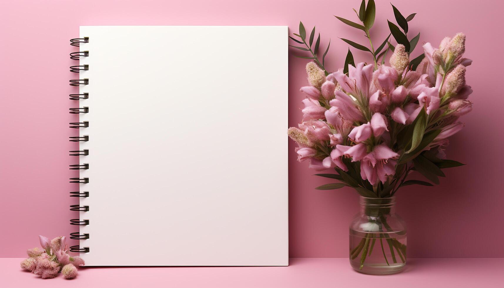AI generated Blank paper on wooden table with pink flower decoration generated by AI photo