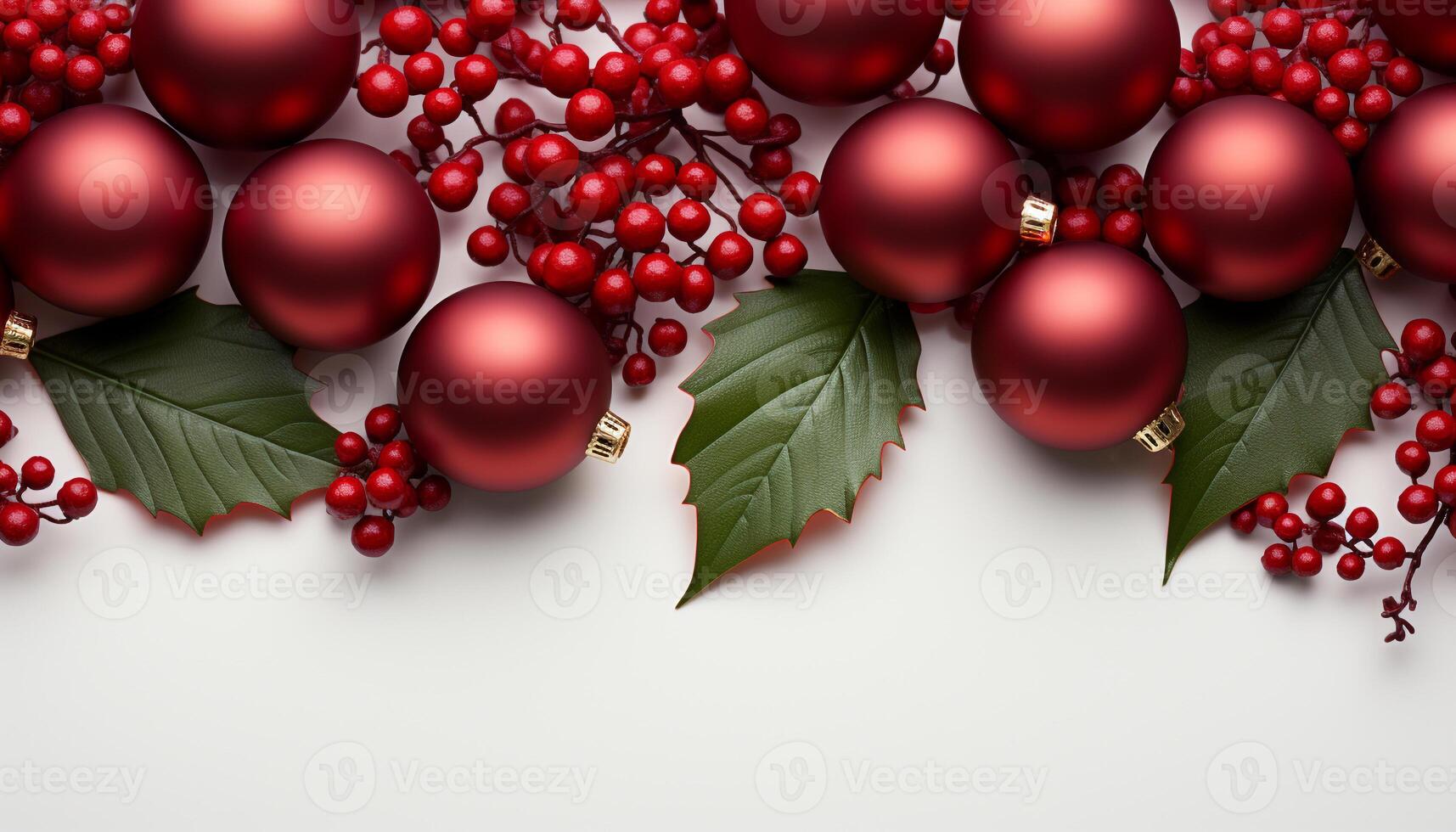 AI generated Winter celebration gift, holly, ornament, tree, wreath, snowflake, decoration generated by AI photo