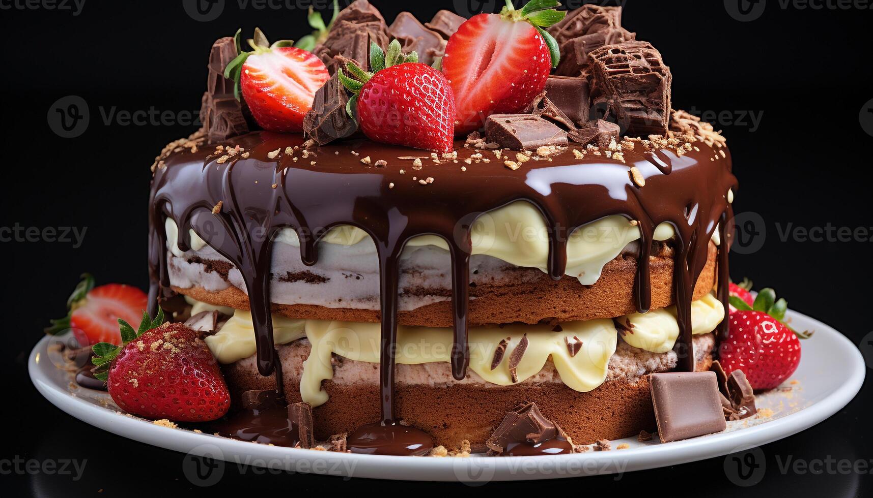 AI generated A gourmet chocolate cake slice with fresh strawberry and raspberry generated by AI photo
