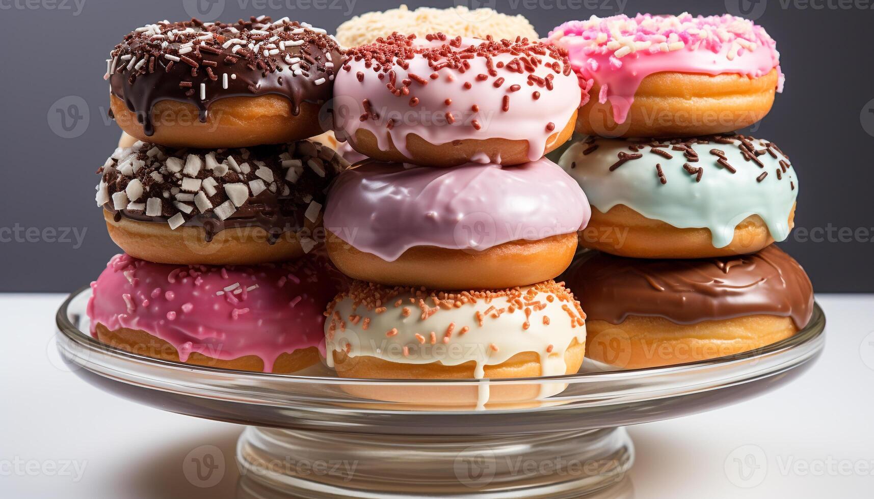 AI generated Homemade donut stack, tempting indulgence on wooden table generated by AI photo