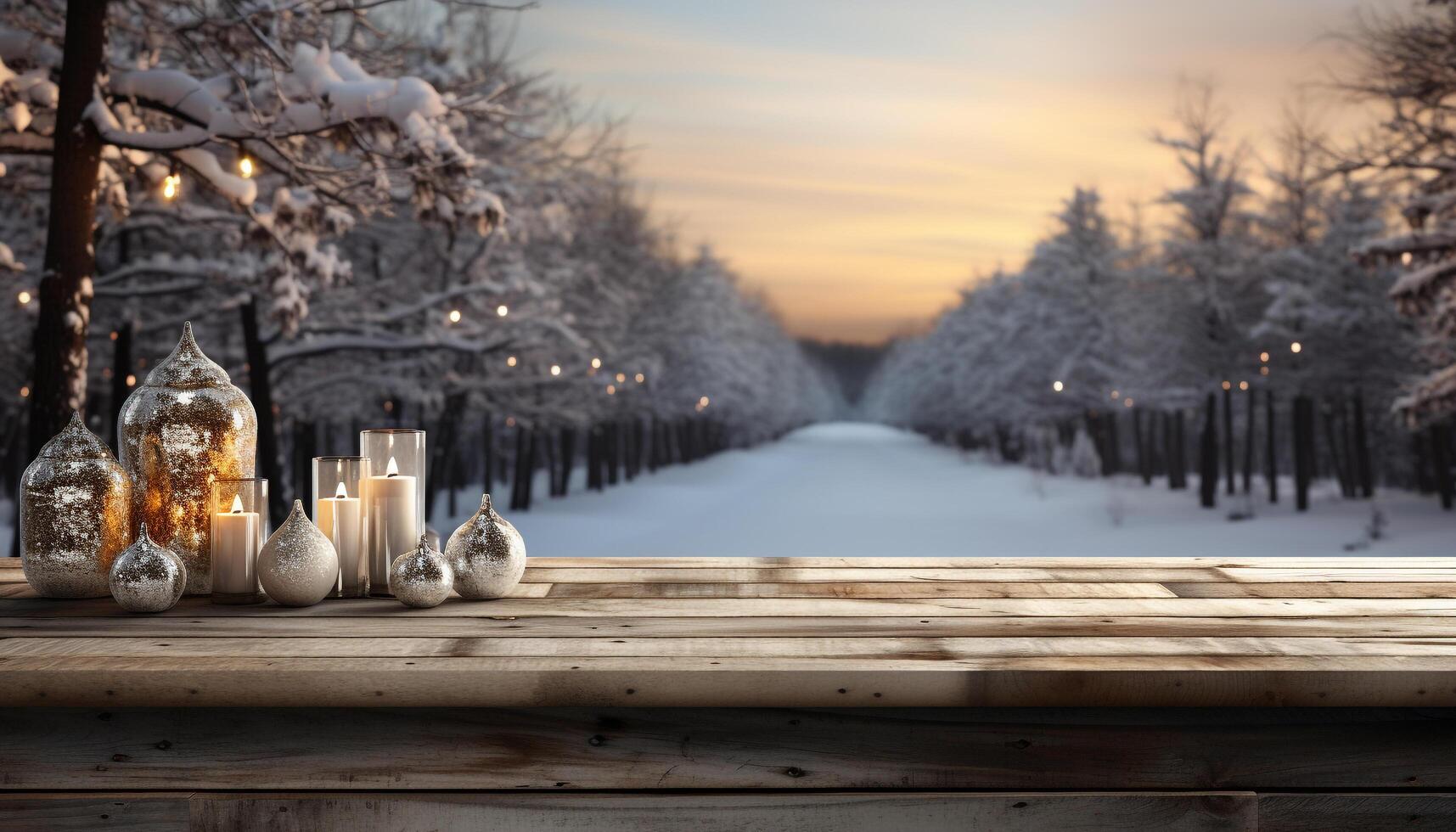 AI generated Winter night, snow covered forest, candlelit celebration, rustic table decoration generated by AI photo