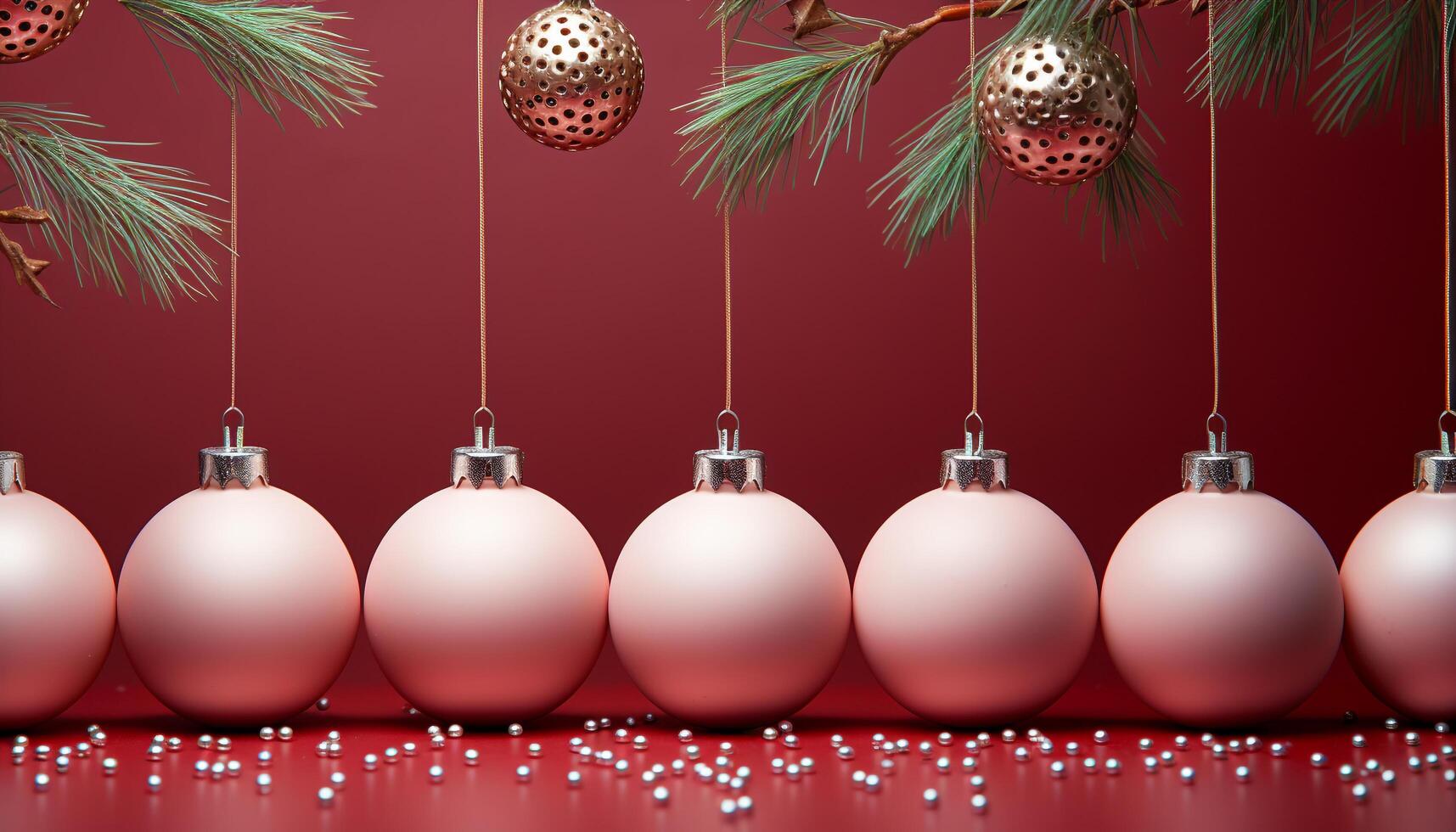 AI generated Christmas decoration, winter celebration, shiny ornament, gold ball, snowflake backdrop generated by AI photo