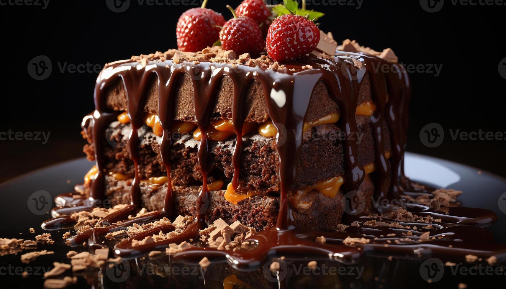 AI generated A slice of homemade chocolate cake with fresh strawberry generated by AI photo