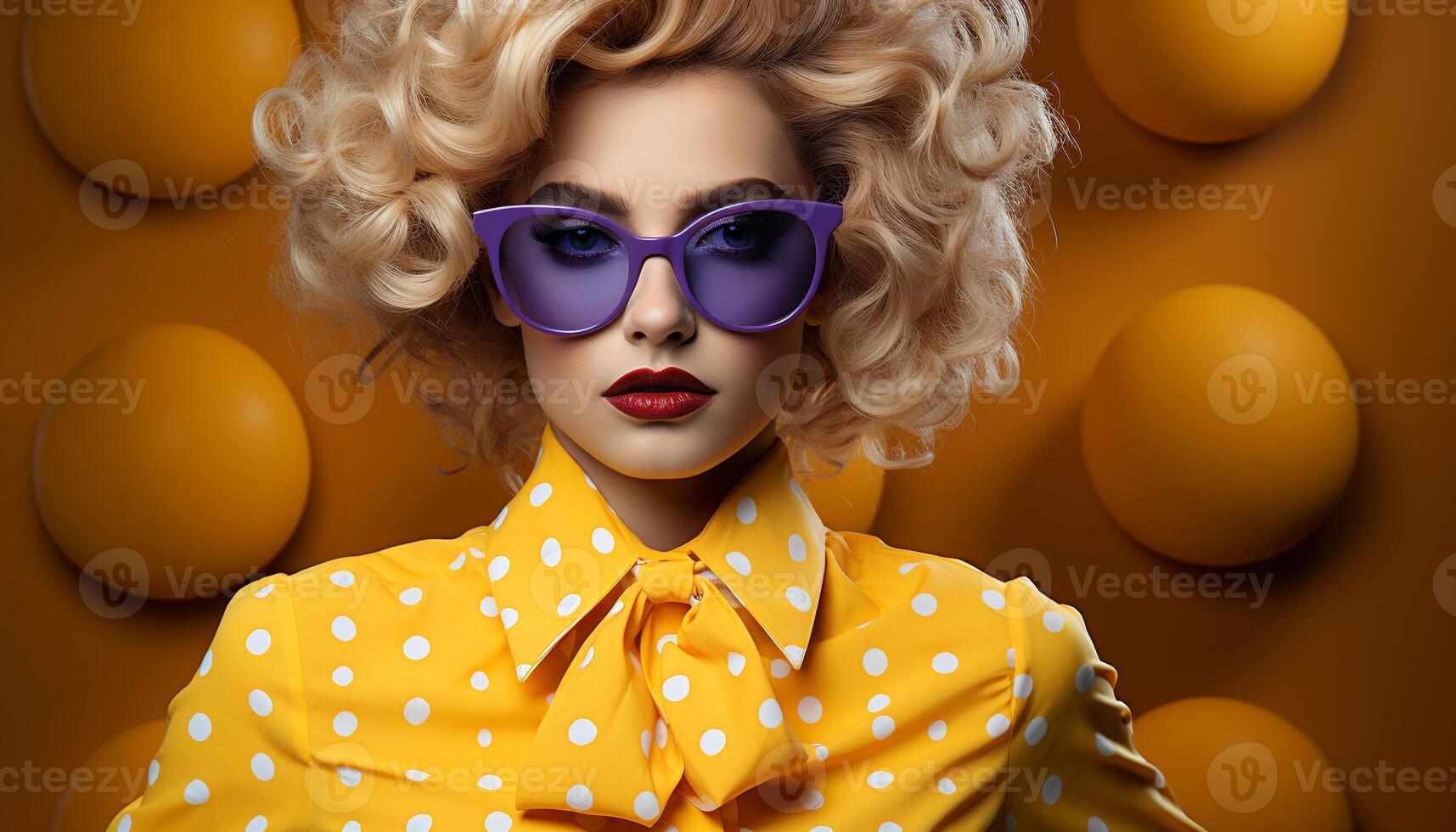 AI generated A fashionable woman with yellow sunglasses exudes elegance and beauty generated by AI photo