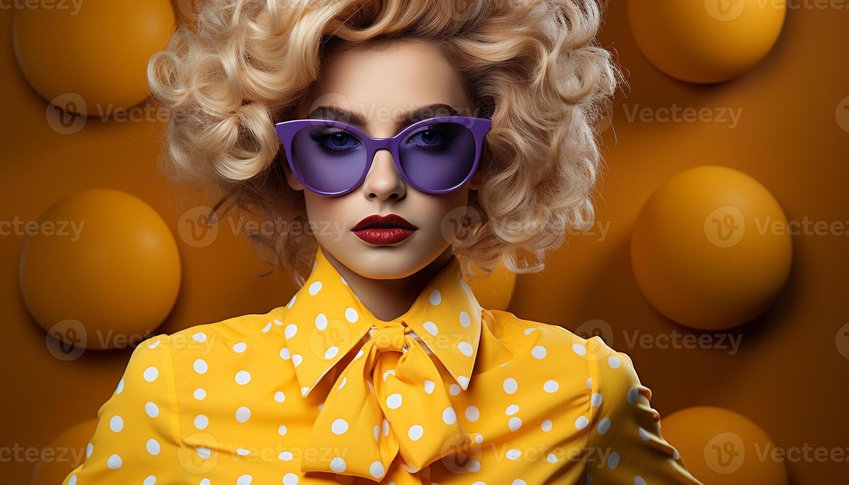 ai generado un de moda mujer con amarillo Gafas de sol exuda elegancia y belleza generado por ai foto