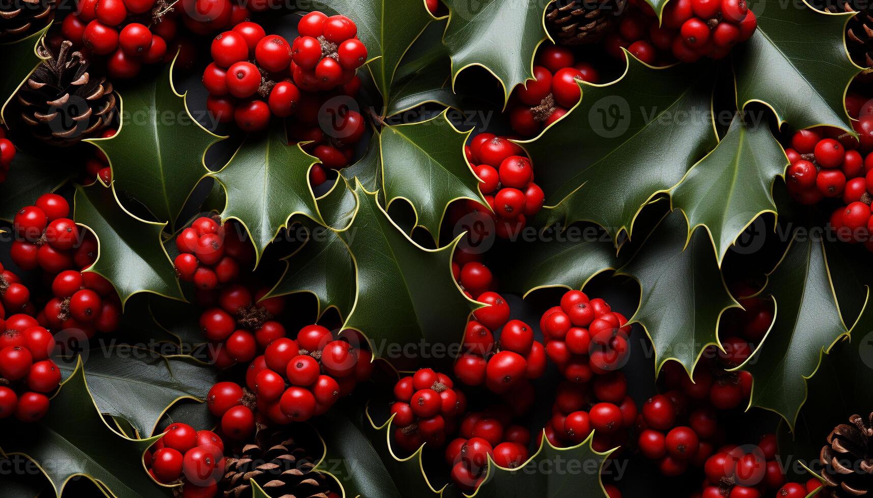 AI generated Winter celebration holly wreath decorates evergreen tree with berries generated by AI photo