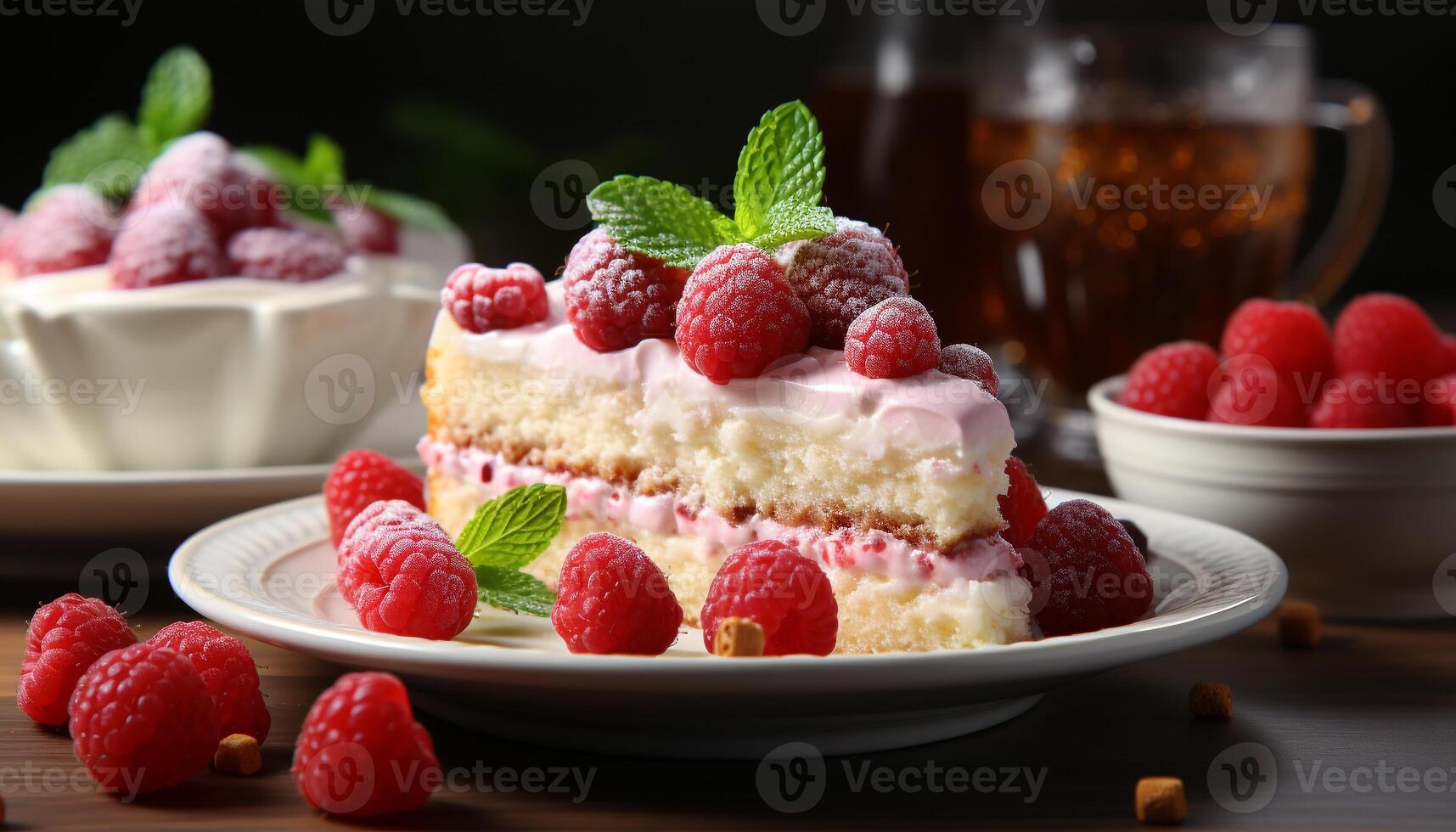 AI generated Fresh berry dessert on wooden table with mint leaf garnish generated by AI photo